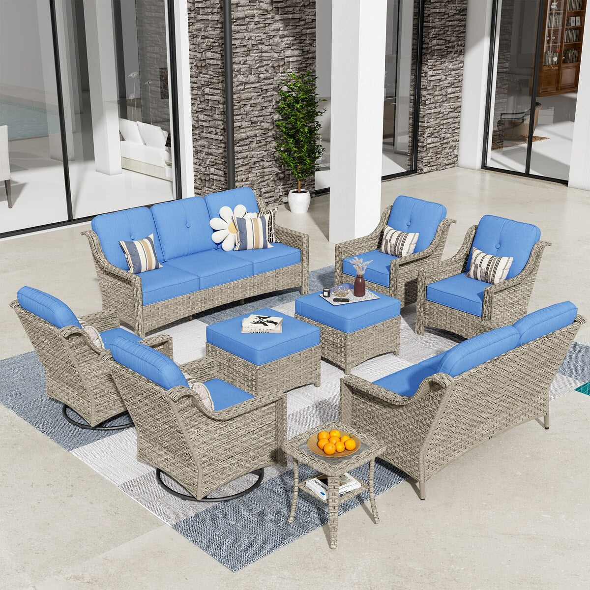 HOOOWOOO 9-piece Wicker High Back Patio Outdoor Swivel Chair Set