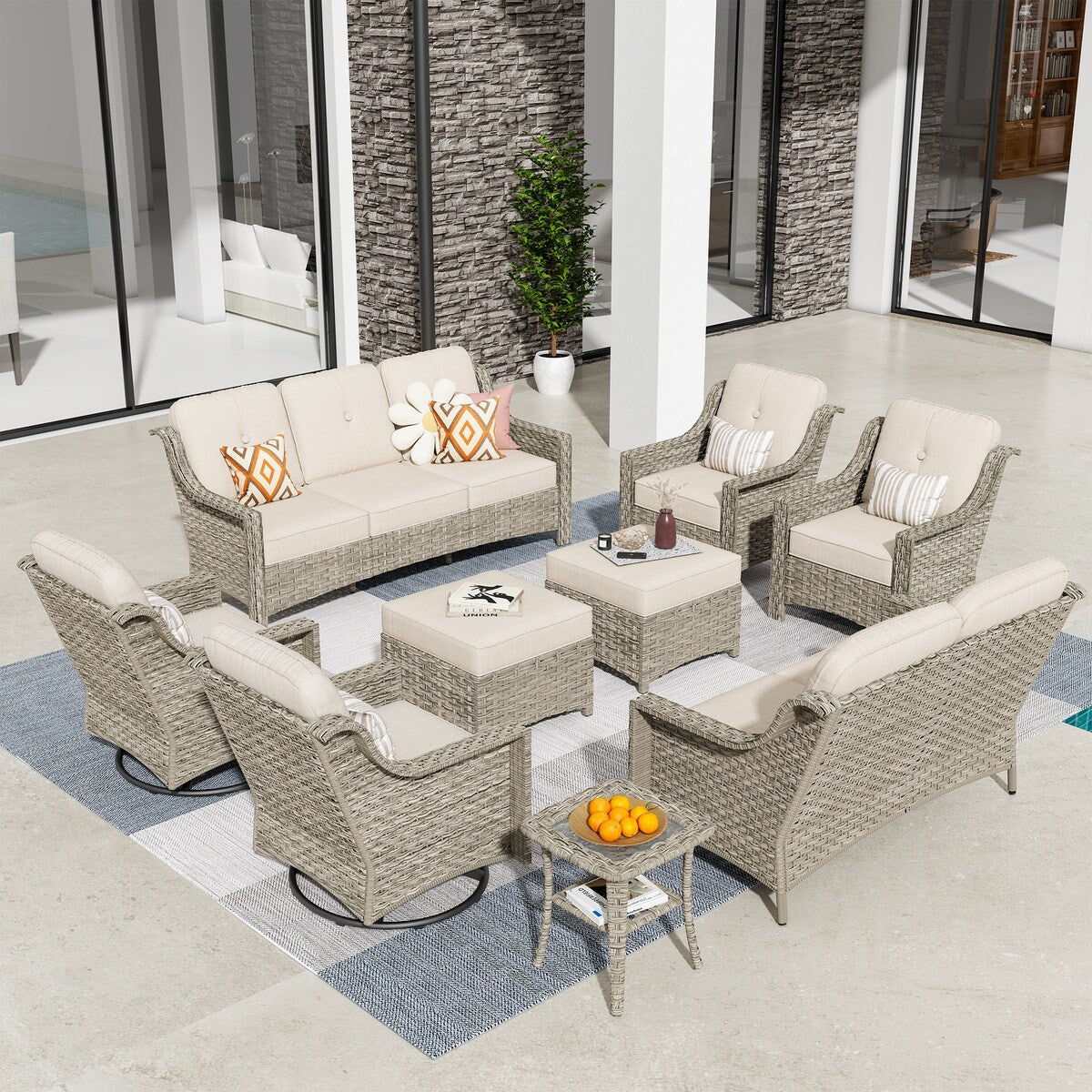 HOOOWOOO 9-piece Wicker High Back Patio Outdoor Swivel Chair Set