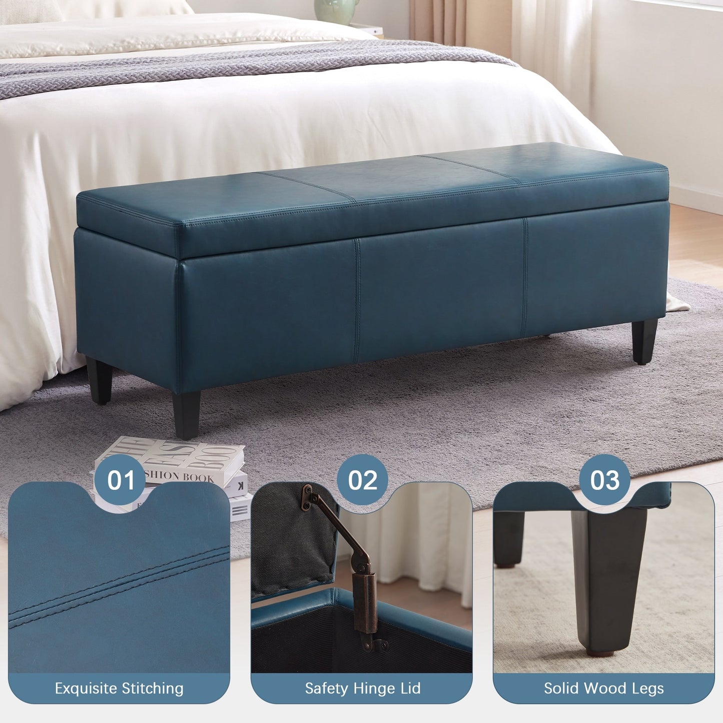 50.3 x 17.50 x 18 Upholstered Rectangular Storage Ottoman-Faux Leather
