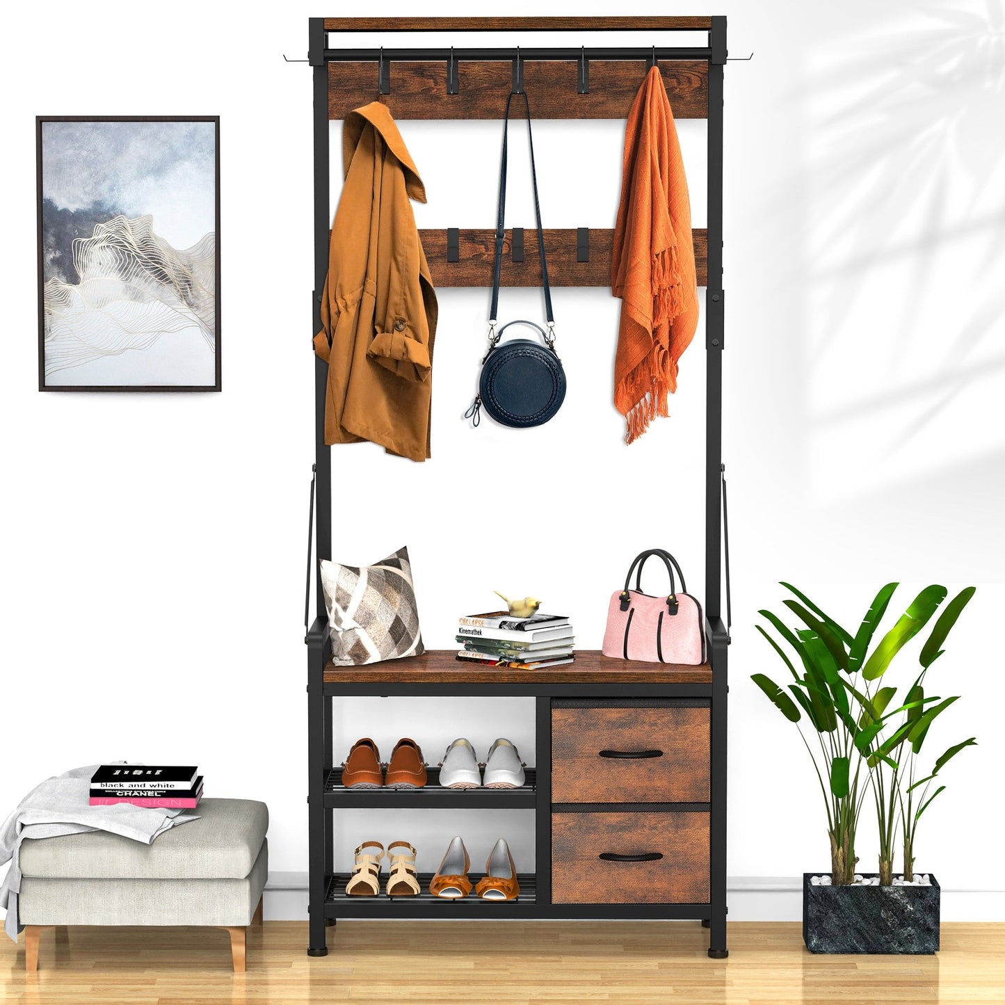 Hall Tree with Bench, Can Divided into freestanding Shoe Bench and Wall Rack