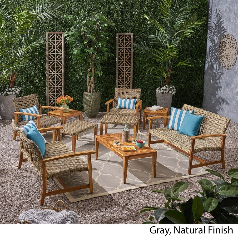Hampton Outdoor 9-pc. Wood/Wicker Chat Set by Christopher Knight Home