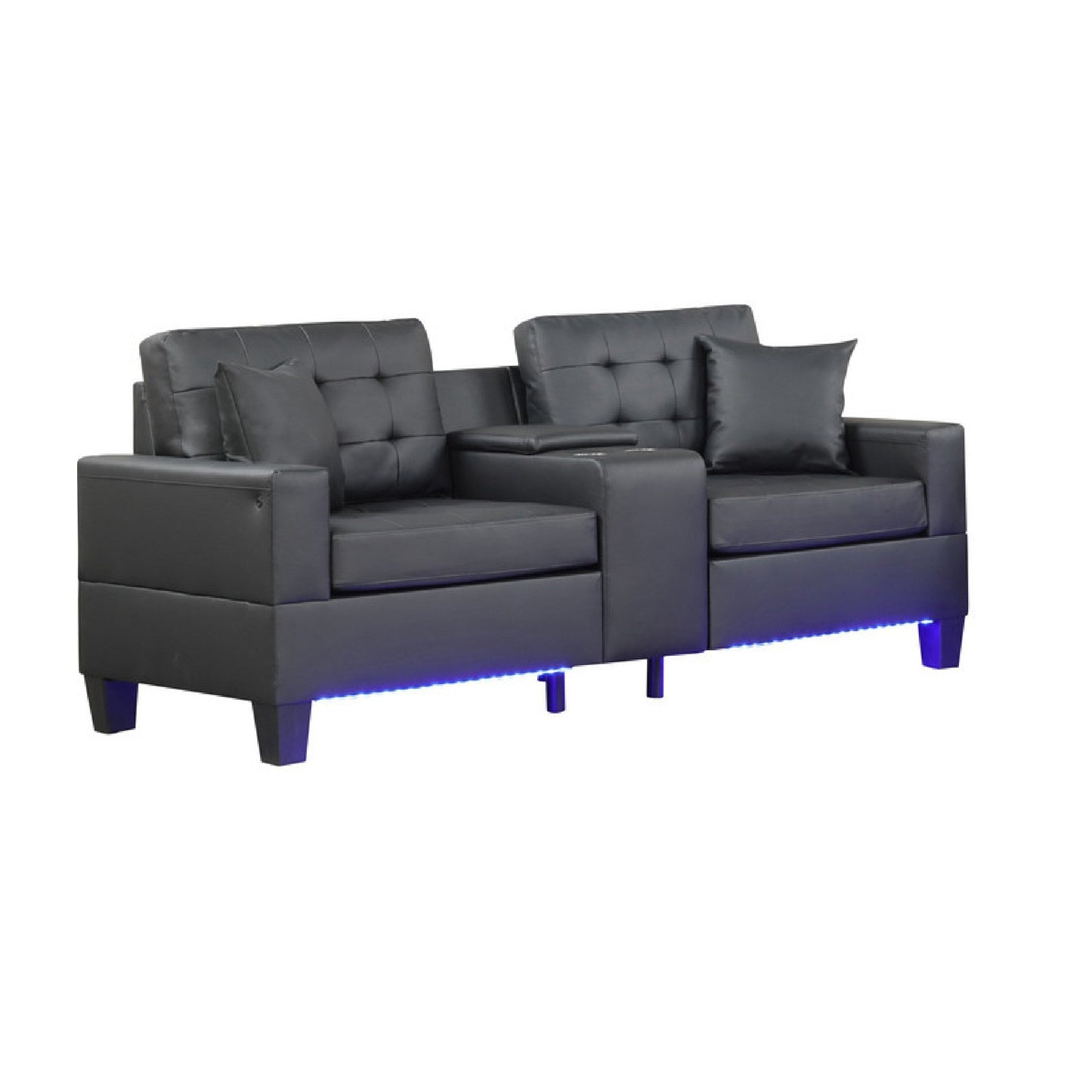 Iris Sofa with LED, USB Ports, Cupholders, Black Faux Leather 85 Inch