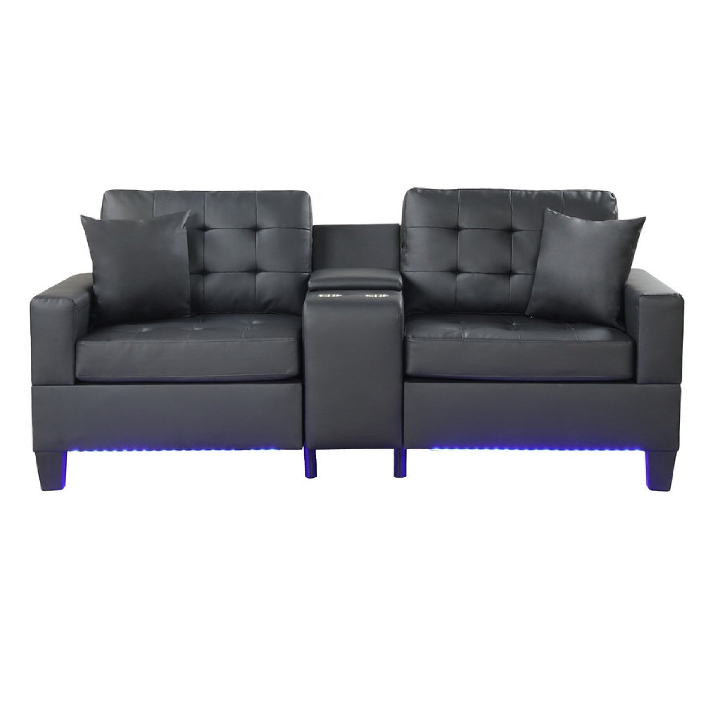 Iris Sofa with LED, USB Ports, Cupholders, Black Faux Leather 85 Inch