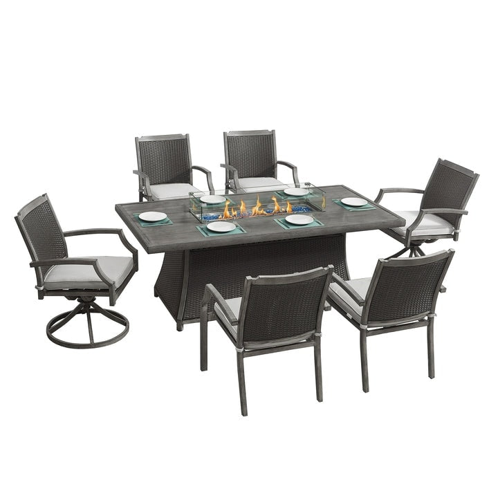 Kinger Home Isla Rattan 7-Piece Patio Set with Propane Fire Pit Table - 76-Inch
