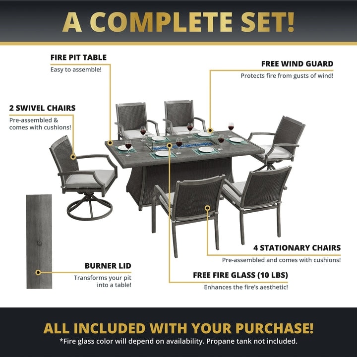 Kinger Home Isla Rattan 7-Piece Patio Set with Propane Fire Pit Table - 76-Inch