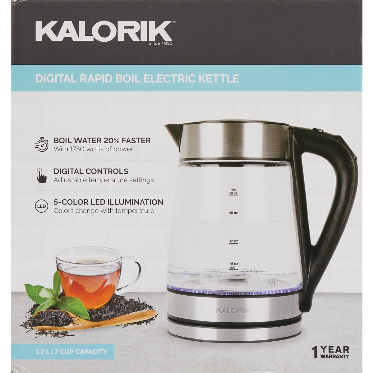 Kalorik 1.7L Stainless Steel Rapid Boil Electric Kettle with Blue LED - 1 Each