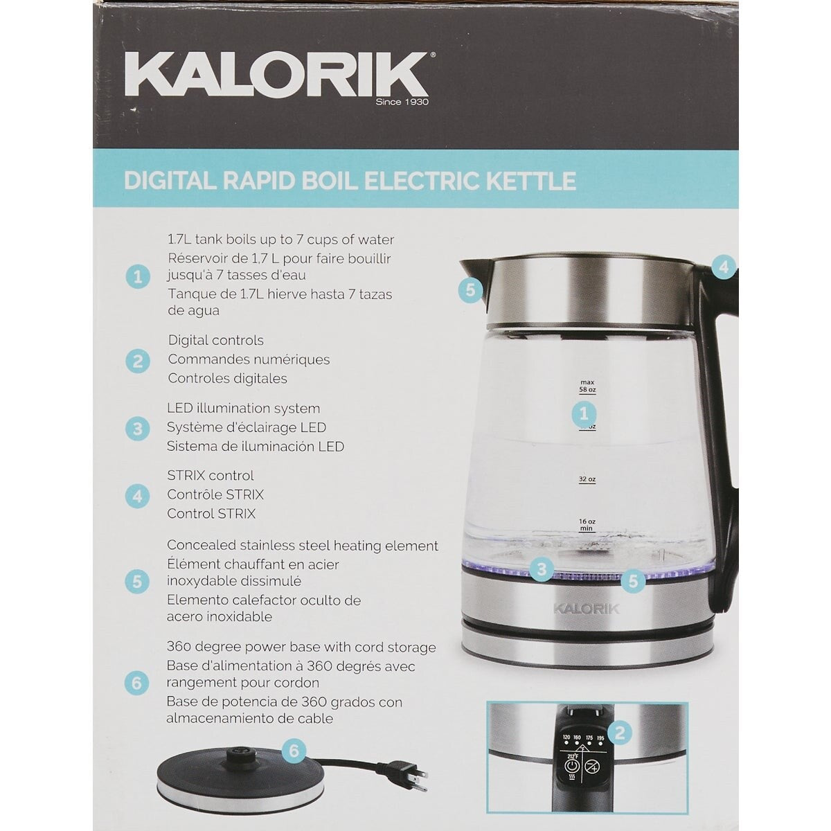 Kalorik 1.7L Stainless Steel Rapid Boil Electric Kettle with Blue LED - 1 Each