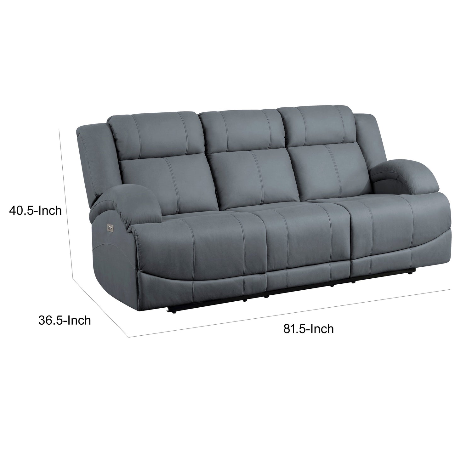 Kate 82 Inch Power Double Recliner Sofa, USB Ports, Blue Microfiber, Wood