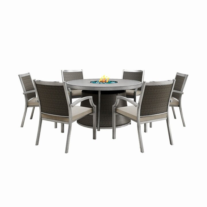 Kinger Home Isla Rattan 7-Piece Patio Set with Propane Fire Pit Table - 76-Inch