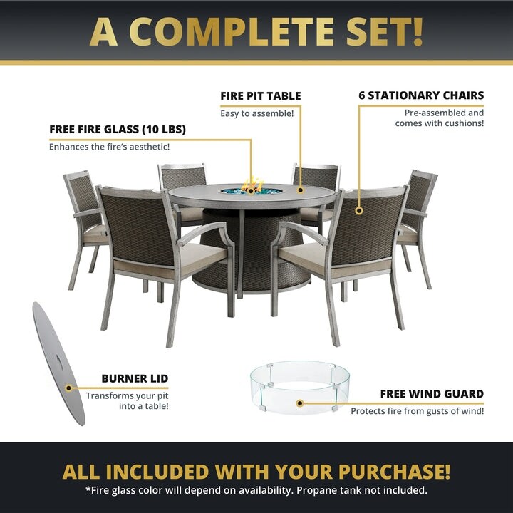 Kinger Home Isla Rattan 7-Piece Patio Set with Propane Fire Pit Table - 76-Inch