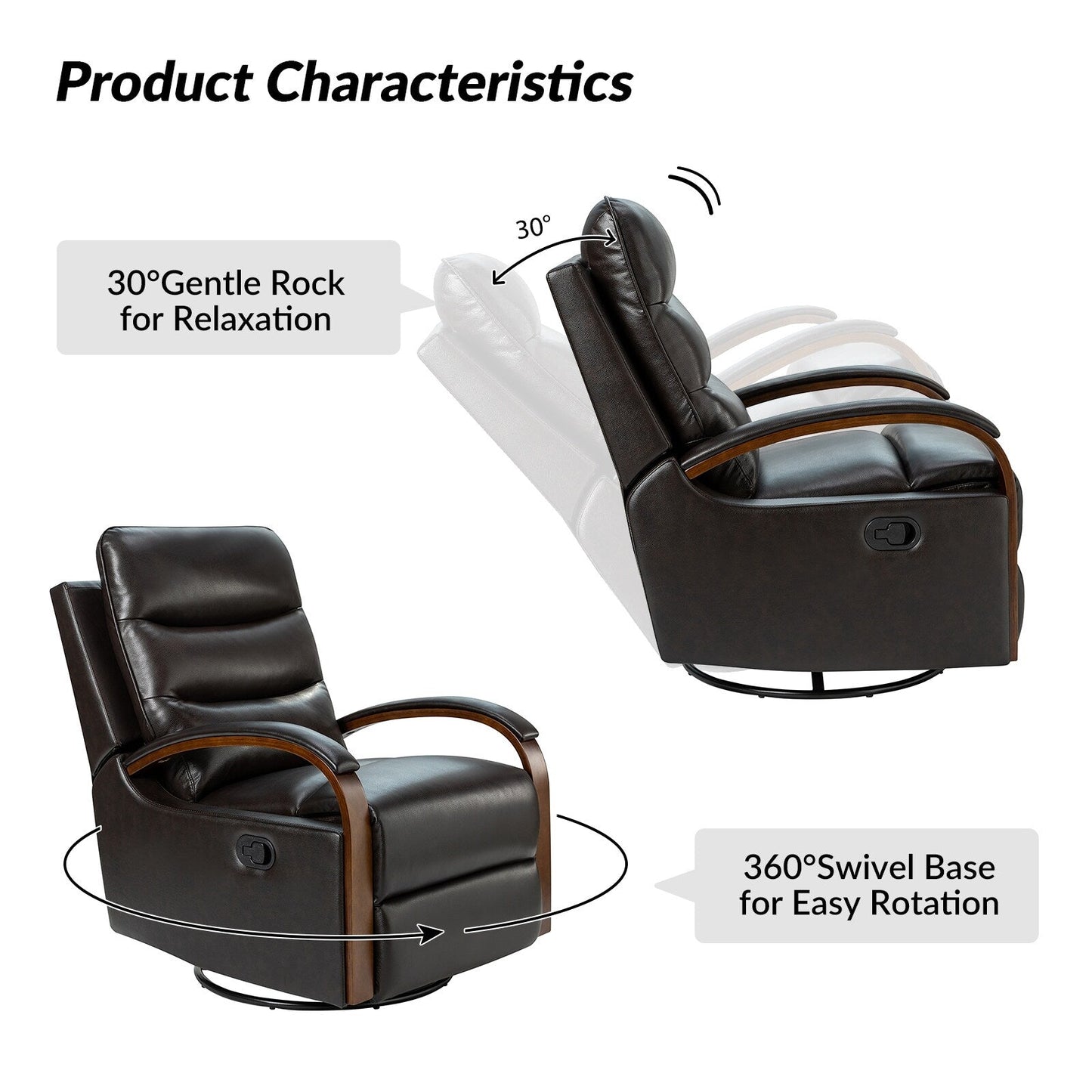 Leopold Genuine Leather Swivel Rocking Manual Recliner Chair with Wooden Arm Accents Set of 2 by HULALA HOME