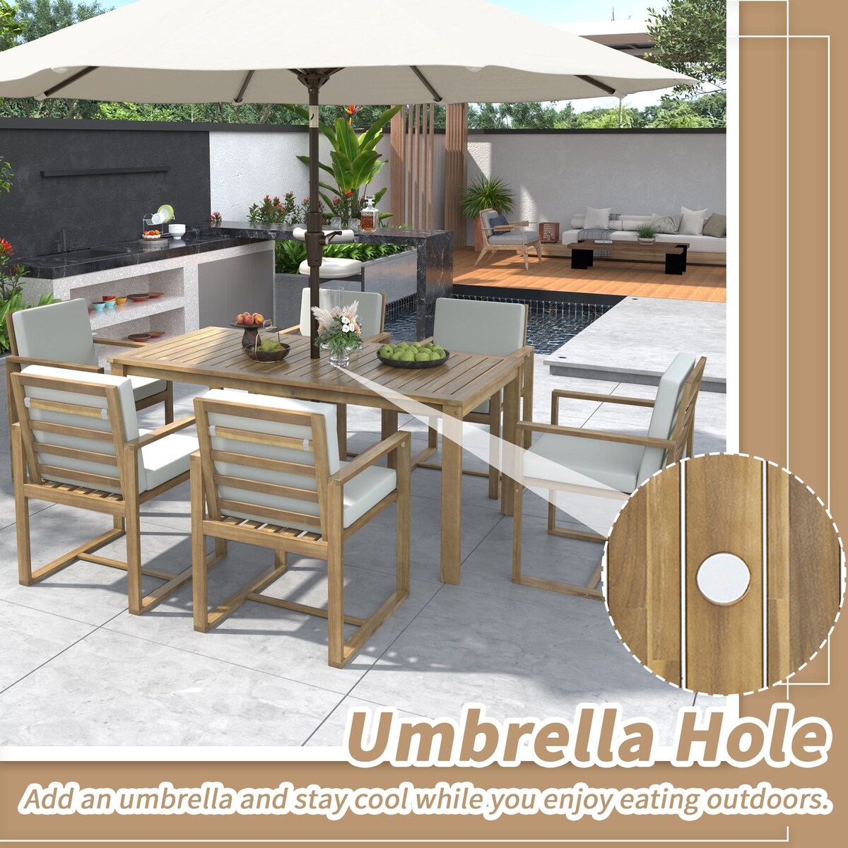 Light Teak 7-Piece Wood Outdoor Dining Set with Light Beige Grey Cushion and Umbrella Hole