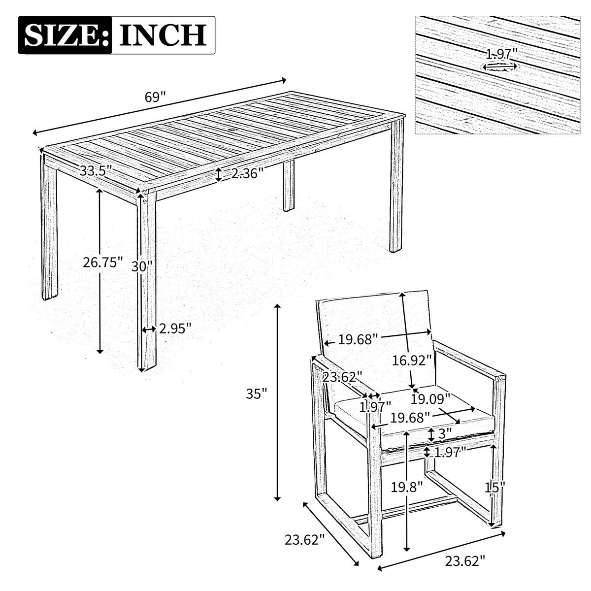 Light Teak 7-Piece Wood Outdoor Dining Set with Light Beige Grey Cushion and Umbrella Hole