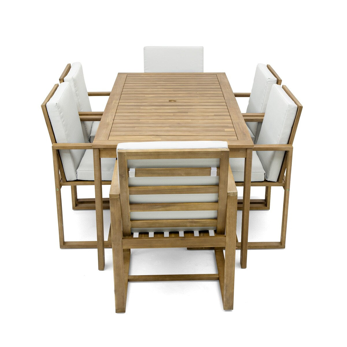 Light Teak 7-Piece Wood Outdoor Dining Set with Light Beige Grey Cushion and Umbrella Hole
