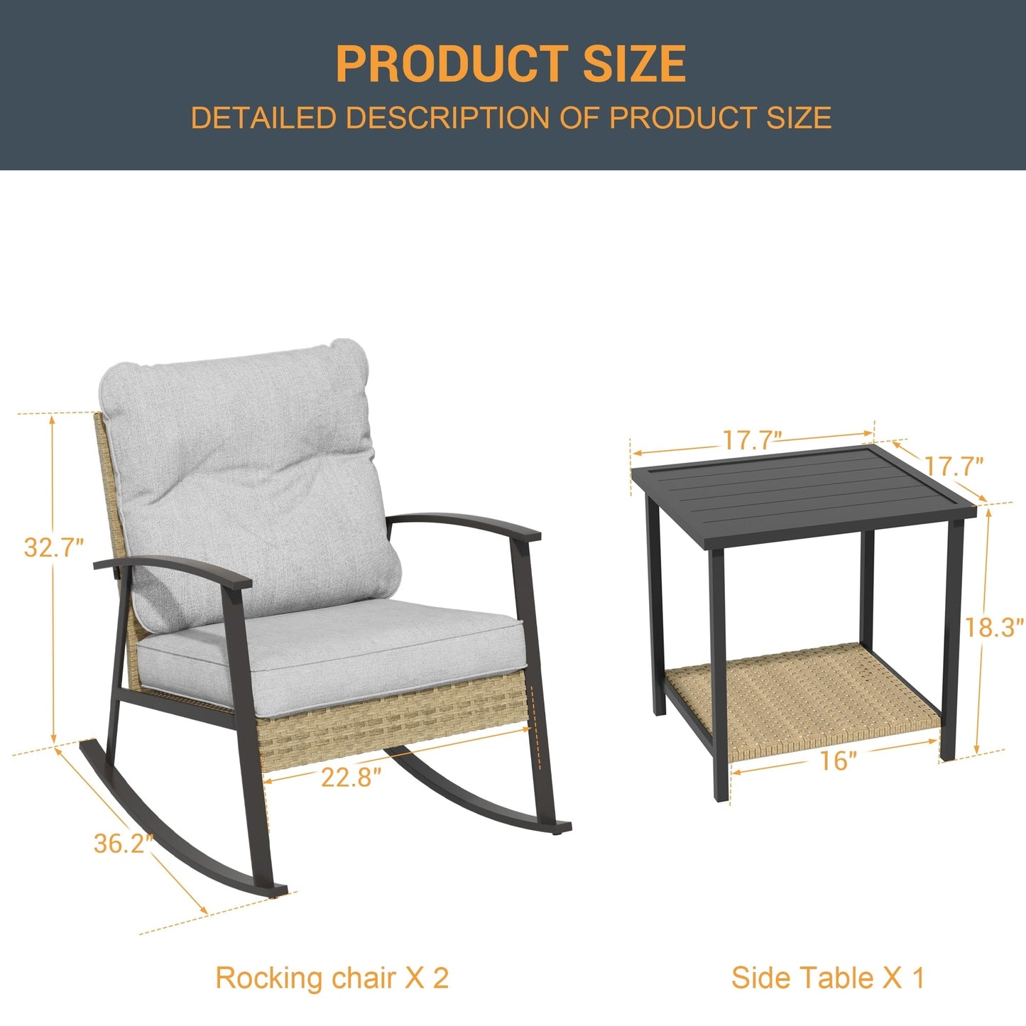 Livoosun 3 Piece Patio Rocking Bistro Set, Outdoor Porch Furniture Patio Chairs Set of 2 with Side Table for Backyard