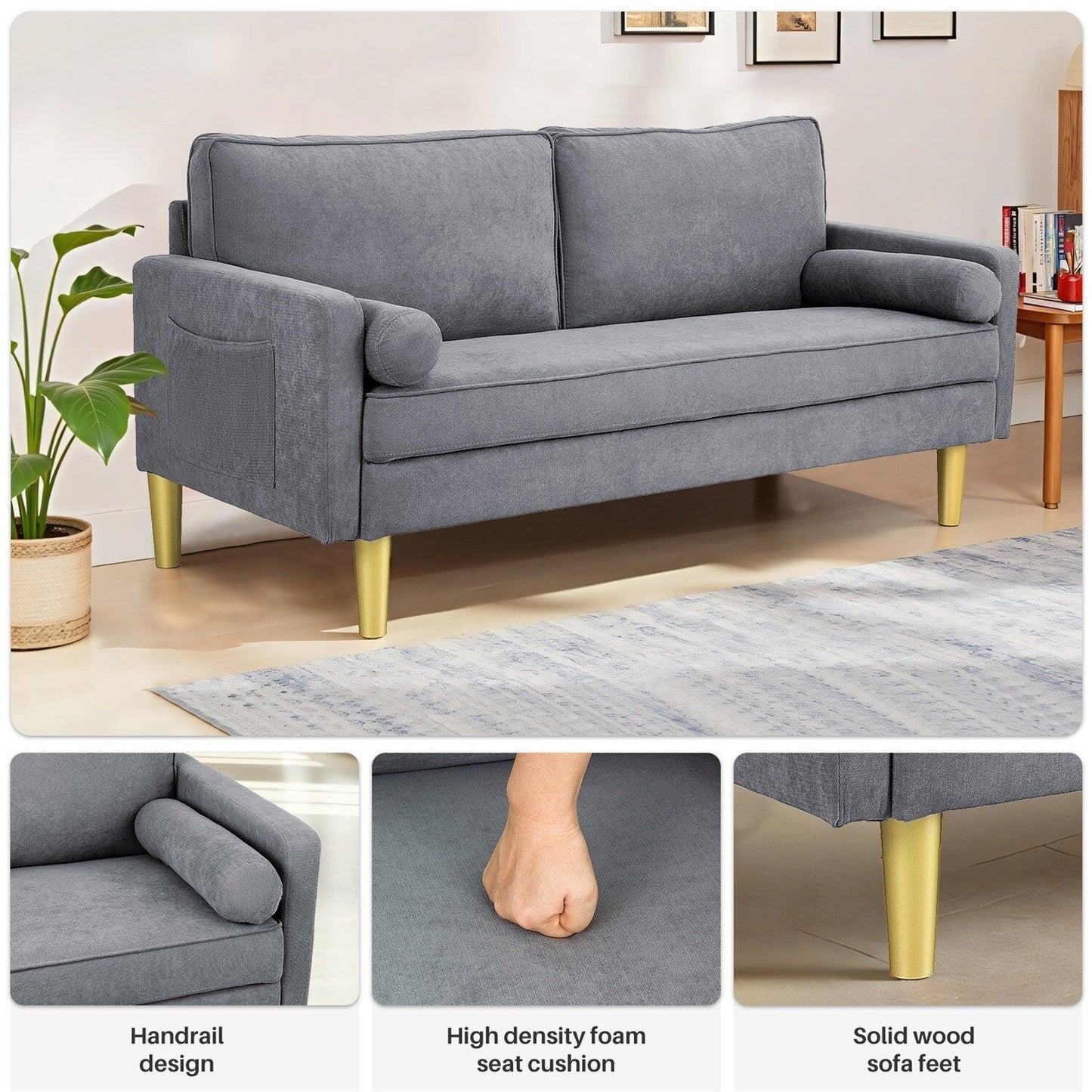Loveseat Sofa, Fabric Couch Small Couch Love Seat Sofa with Side Pockets for Living Room, Bedroom, Office, Apartment,Small Space