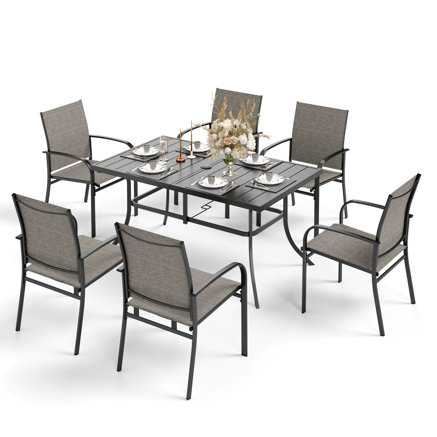 MAISON ARTS 7-Piece Patio Dining Set Metal Rectangle Table and 6 Textilene Chairs