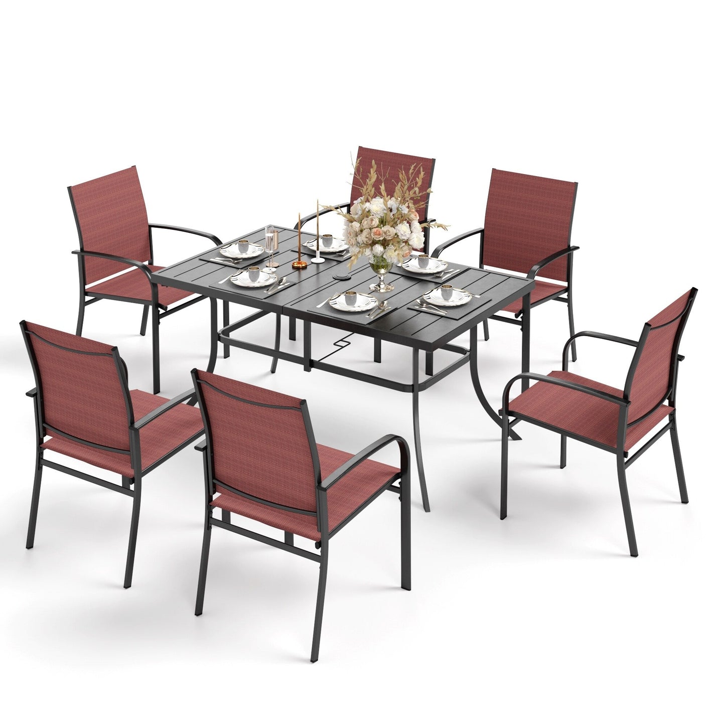 MAISON ARTS 7-Piece Patio Dining Set Metal Rectangle Table and 6 Textilene Chairs