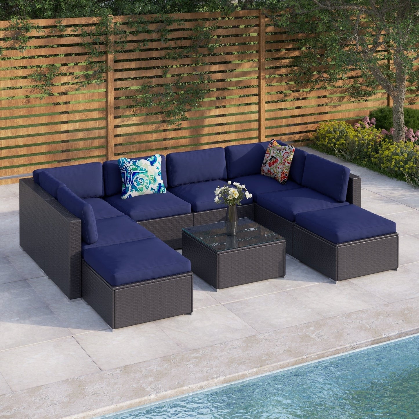 9-Piece Rattan Wicker Cushioned Patio Furniture Sectional Sofa Set - 9-Pieces Sets