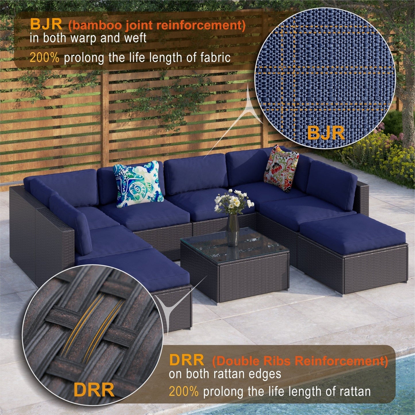 9-Piece Rattan Wicker Cushioned Patio Furniture Sectional Sofa Set - 9-Pieces Sets