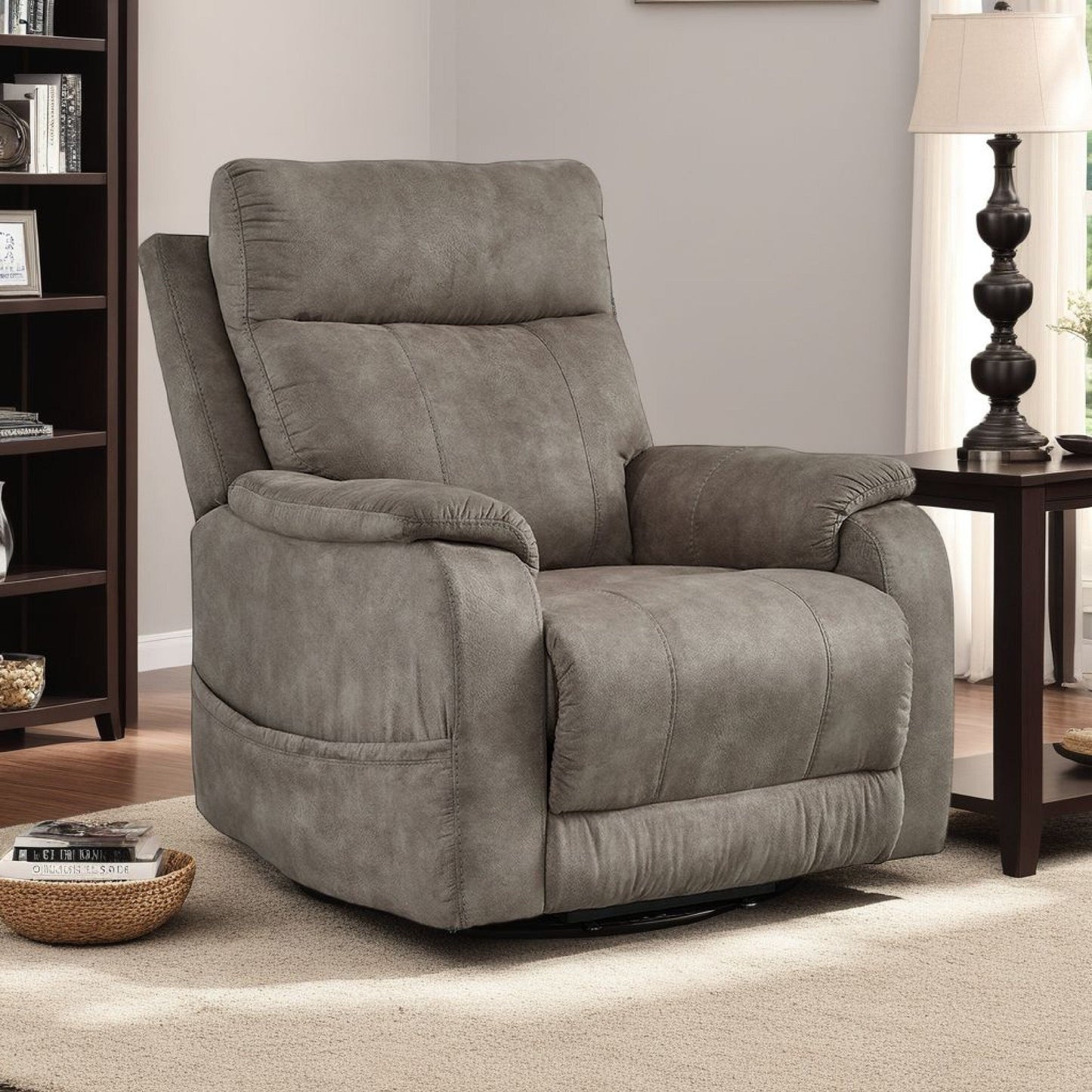 Mead Power Recliner Chair, Heat and Massage, 35 Inch Gray Faux Leather