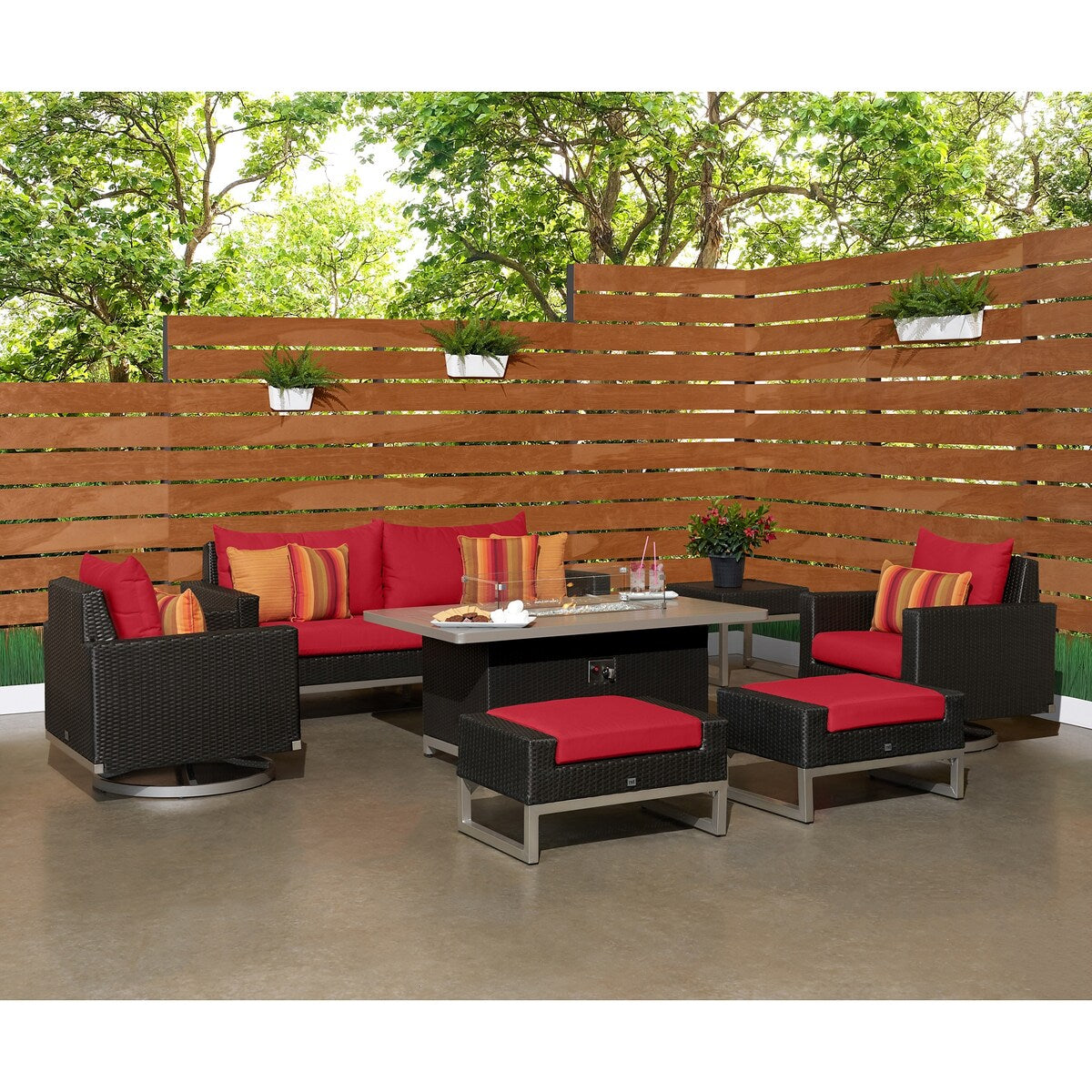Milo Espresso 7 Piece Sunbrella Outdoor Patio Motion Fire Set