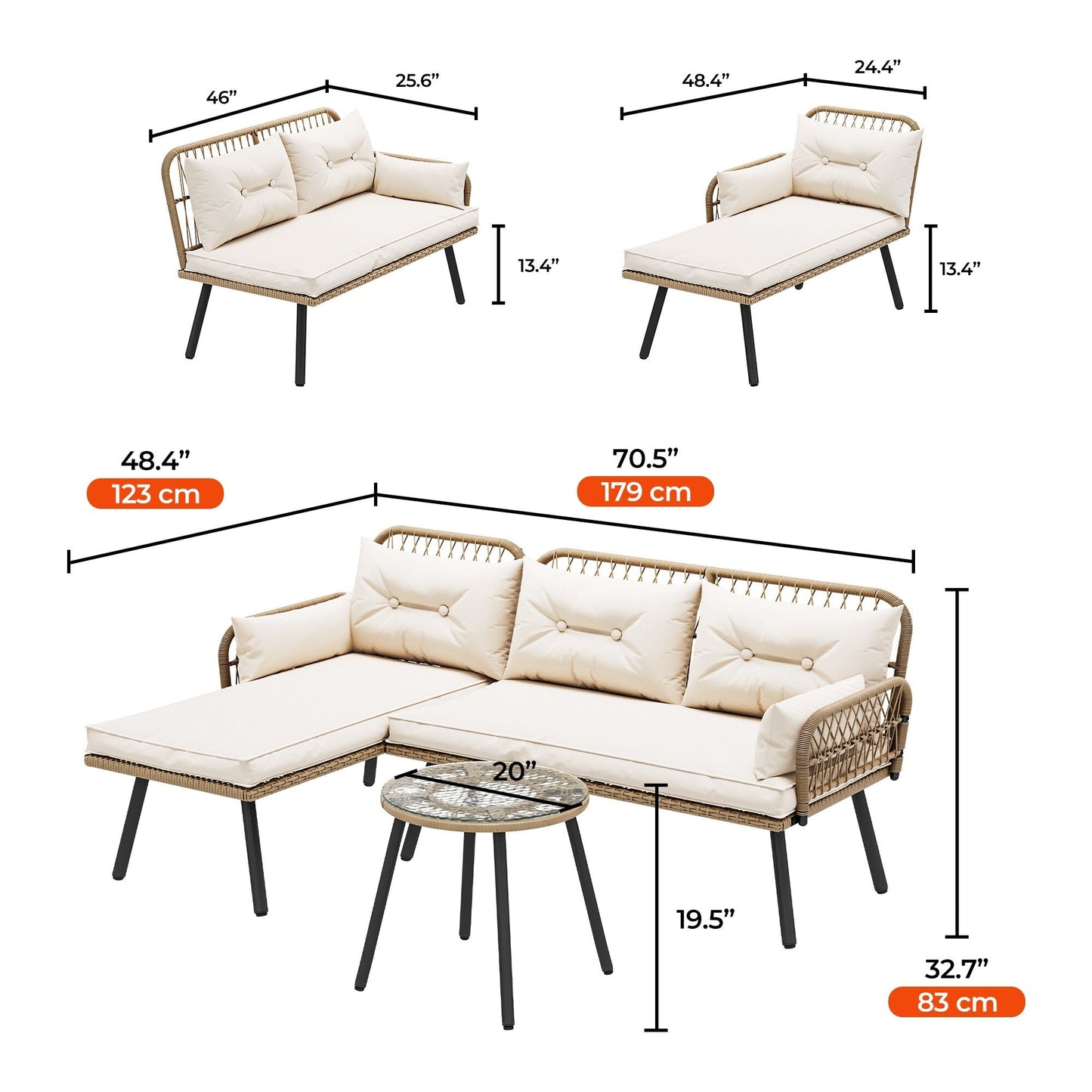 Moasis 3-piece Wicker Patio Furniture Set Rattan Sectional L-Shaped Sofa Detachable with Cushions - 70.5L x 48.4W x 32.7H