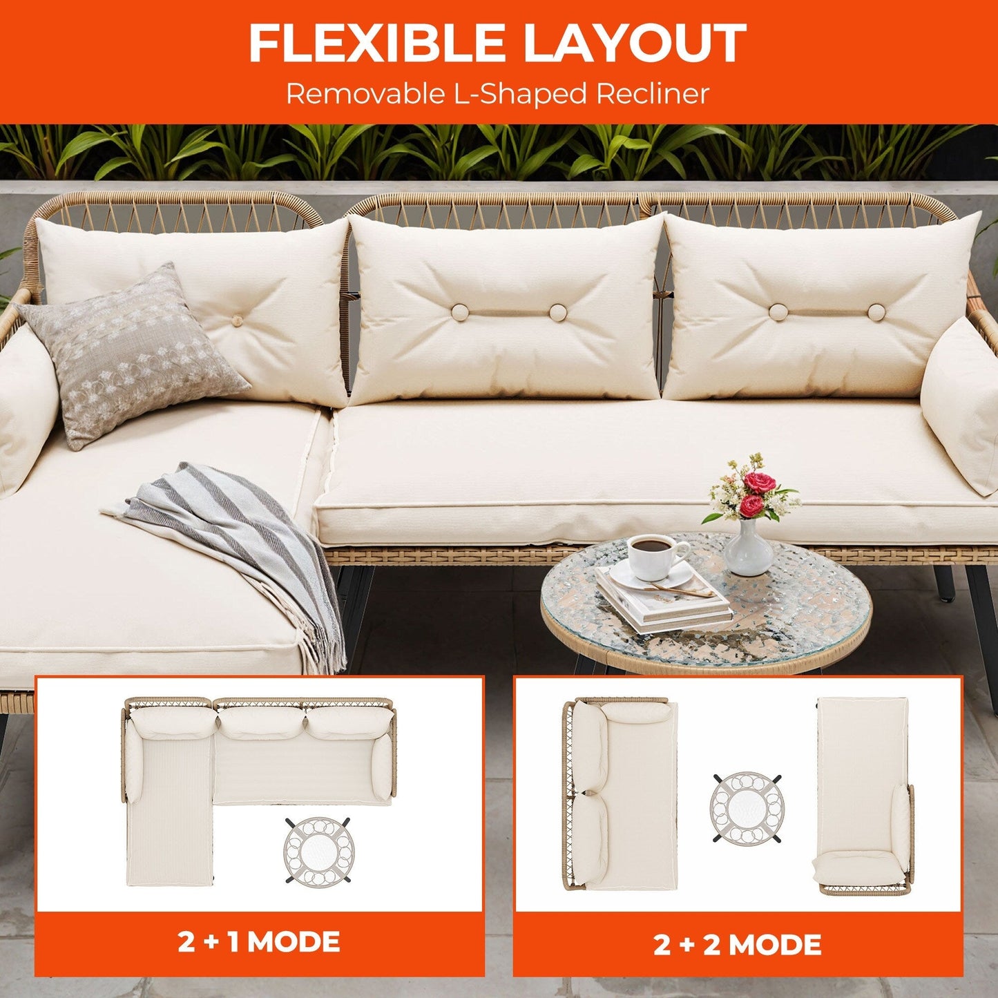 Moasis 3-piece Wicker Patio Furniture Set Rattan Sectional L-Shaped Sofa Detachable with Cushions - 70.5L x 48.4W x 32.7H