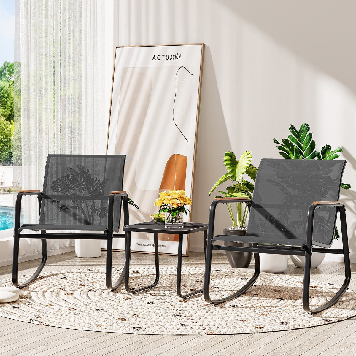 Moasis 3-piece Outdoor Rocking Chair Chat Set with Side Table