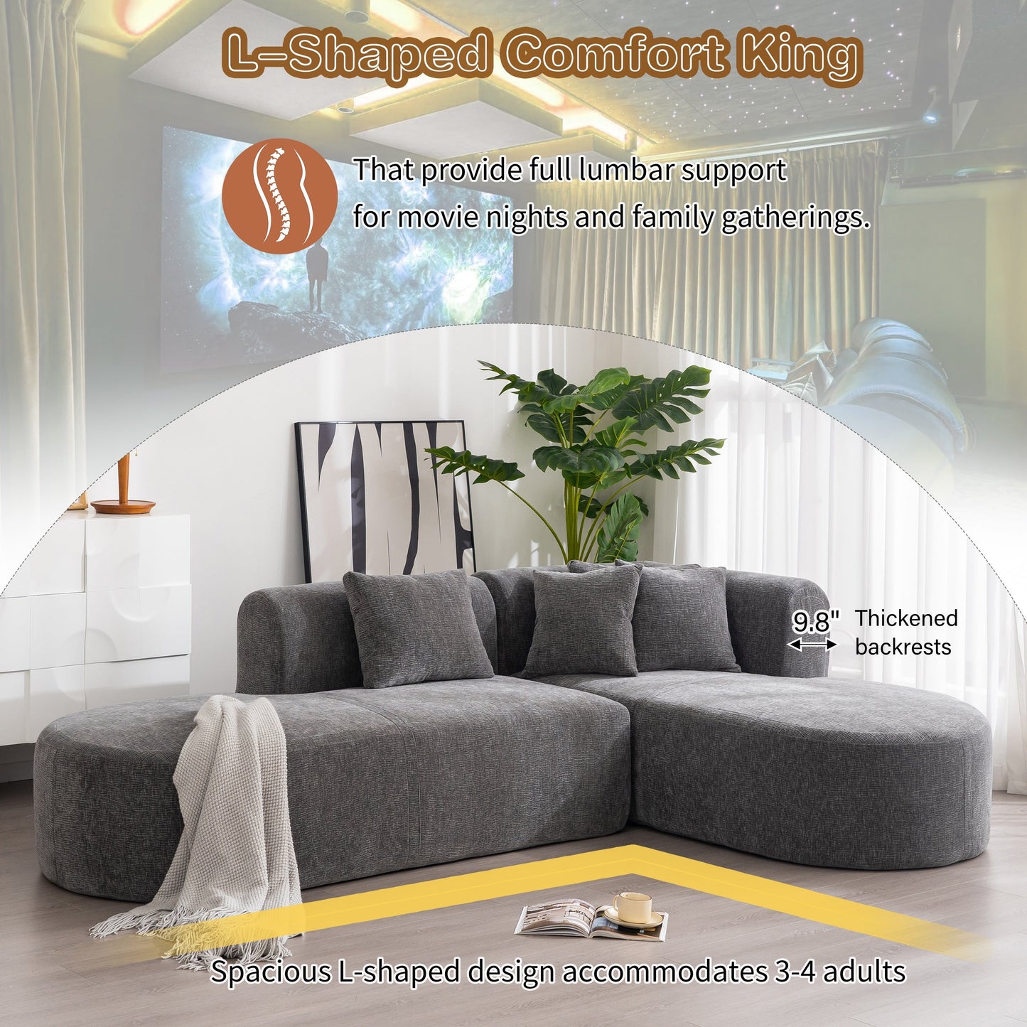 Modern 4-Seater Curved Sectional Sofa with 4 Plush Pillows for Living Room Bedroom