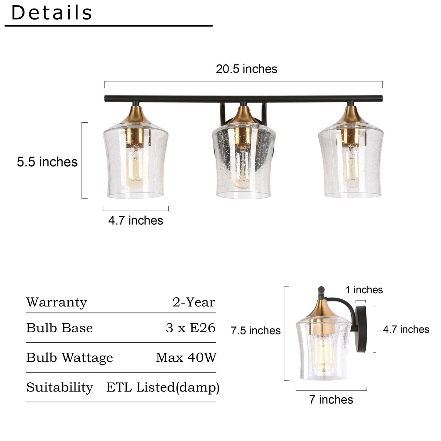 Modern Black Gold 2/3/4-Light Linear Bathroom Vanity Lights with Seeded Glass