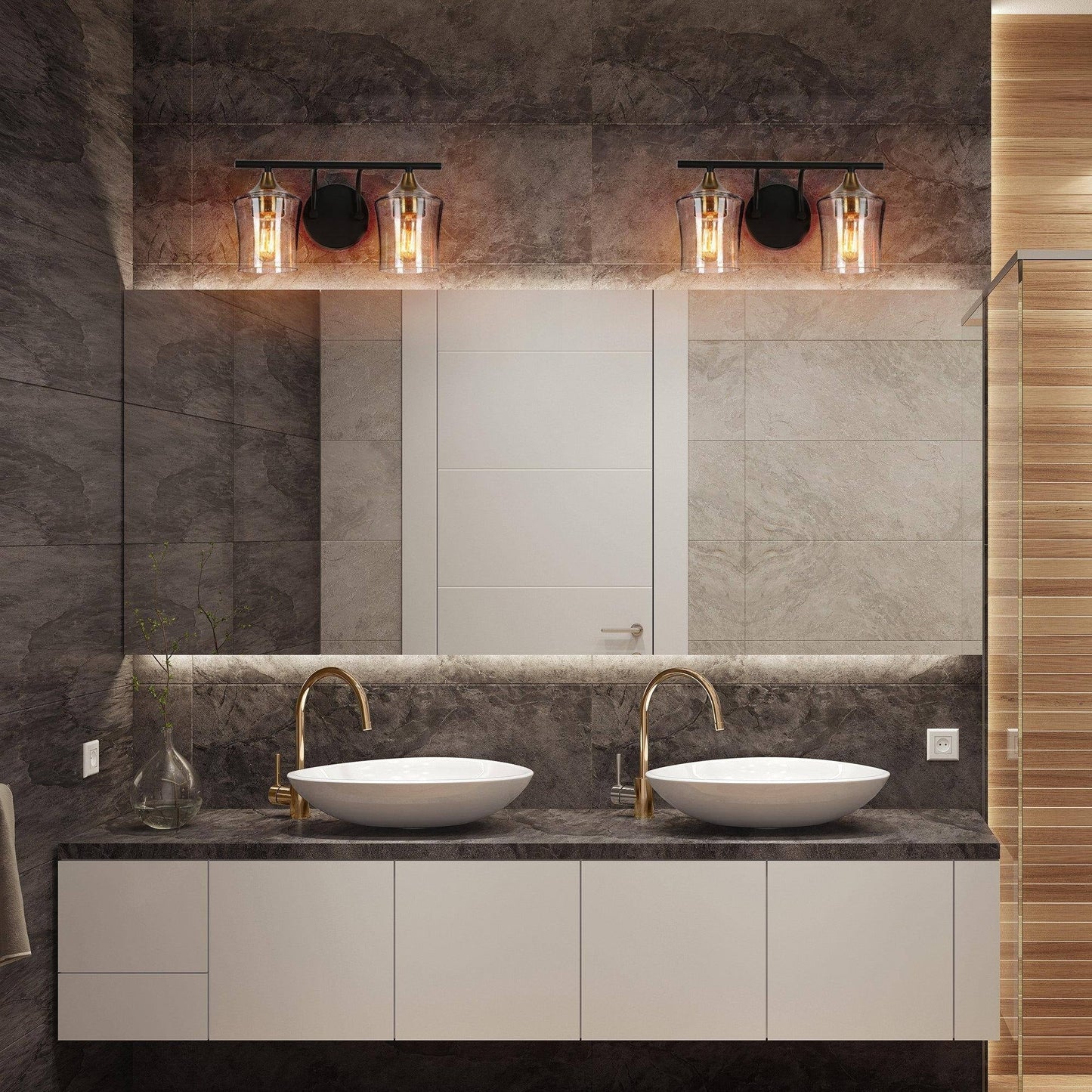 Modern Black Gold 2/3/4-Light Linear Bathroom Vanity Lights with Seeded Glass