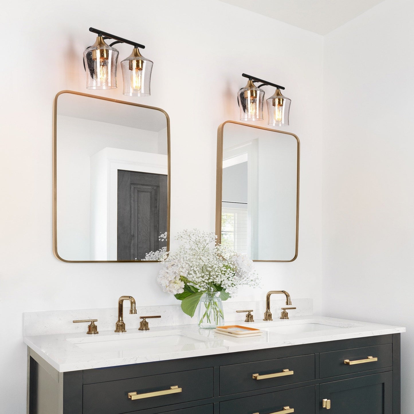 Modern Black Gold 2/3/4-Light Linear Bathroom Vanity Lights with Seeded Glass