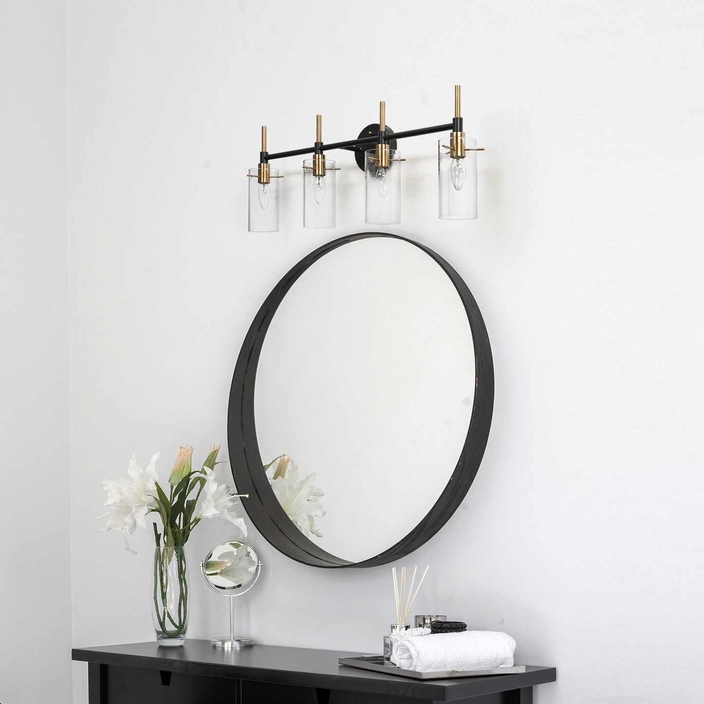 Modern Black Gold Bathroom Vanity Light Dimmable Wall Sconces with Cylinder Clear Glass