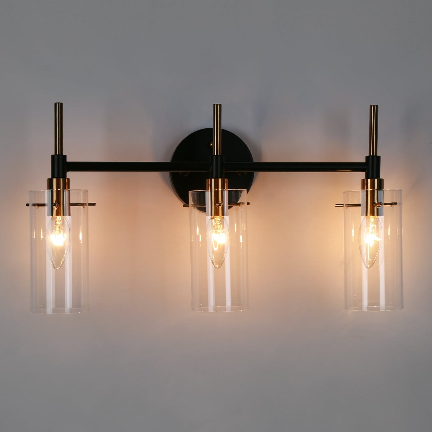 Modern Black Gold Bathroom Vanity Light Dimmable Wall Sconces with Cylinder Clear Glass