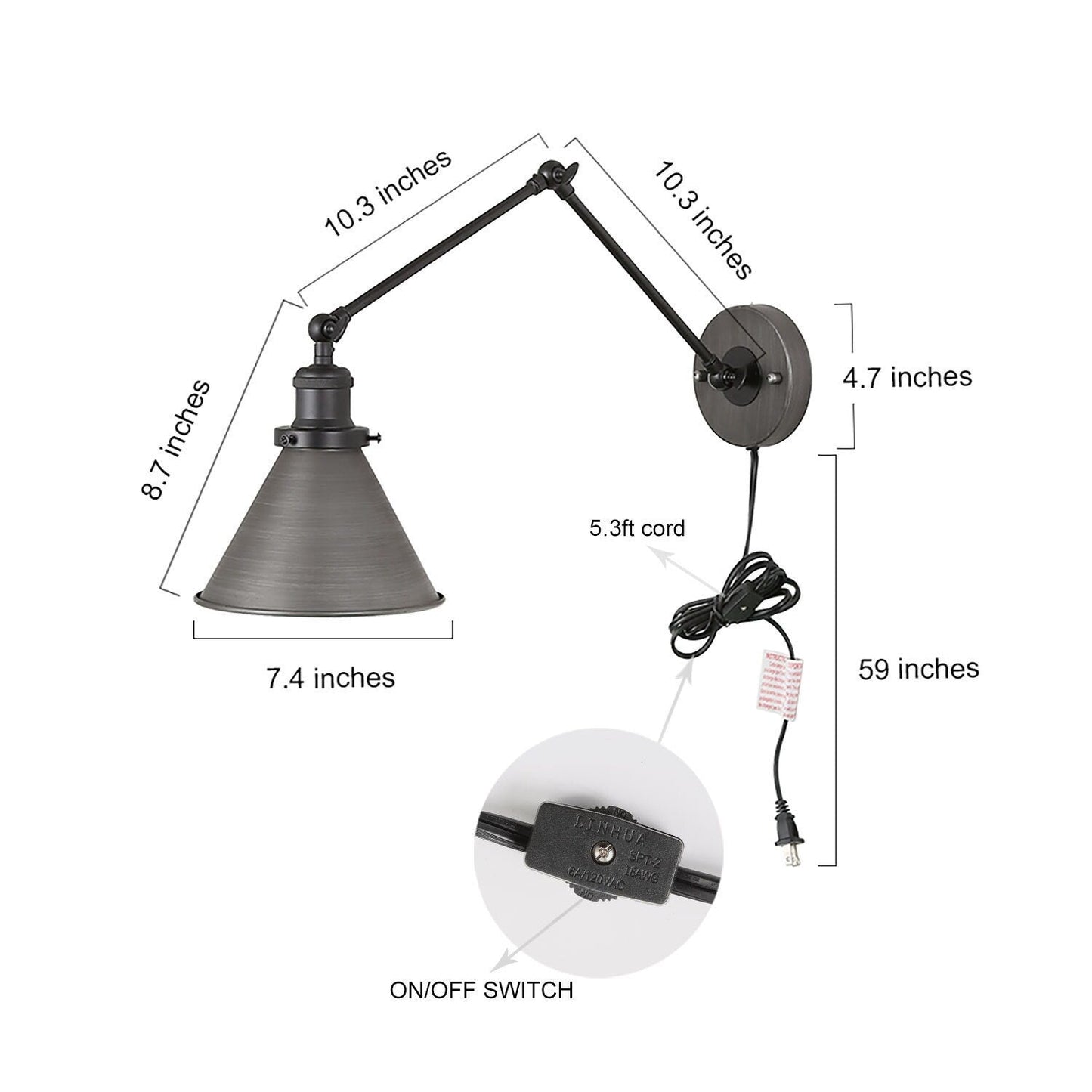 Set of 2 Modern Adjustable Swing Arm Lights Plug-in Hardwire Wall Sconces