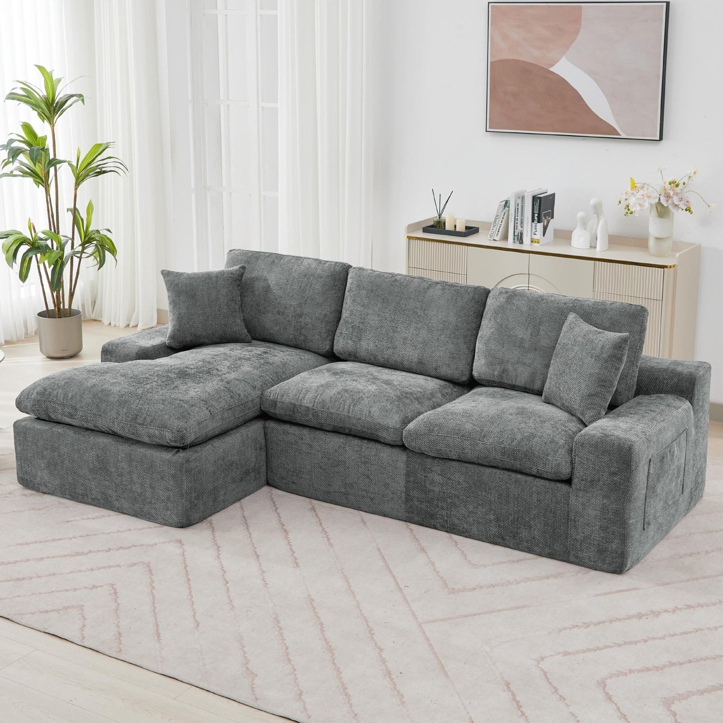 Modular Chenille Cloud Sectional Sofa with Double-Layer Cushions, Side Storage and Matching Pillows for Living Room