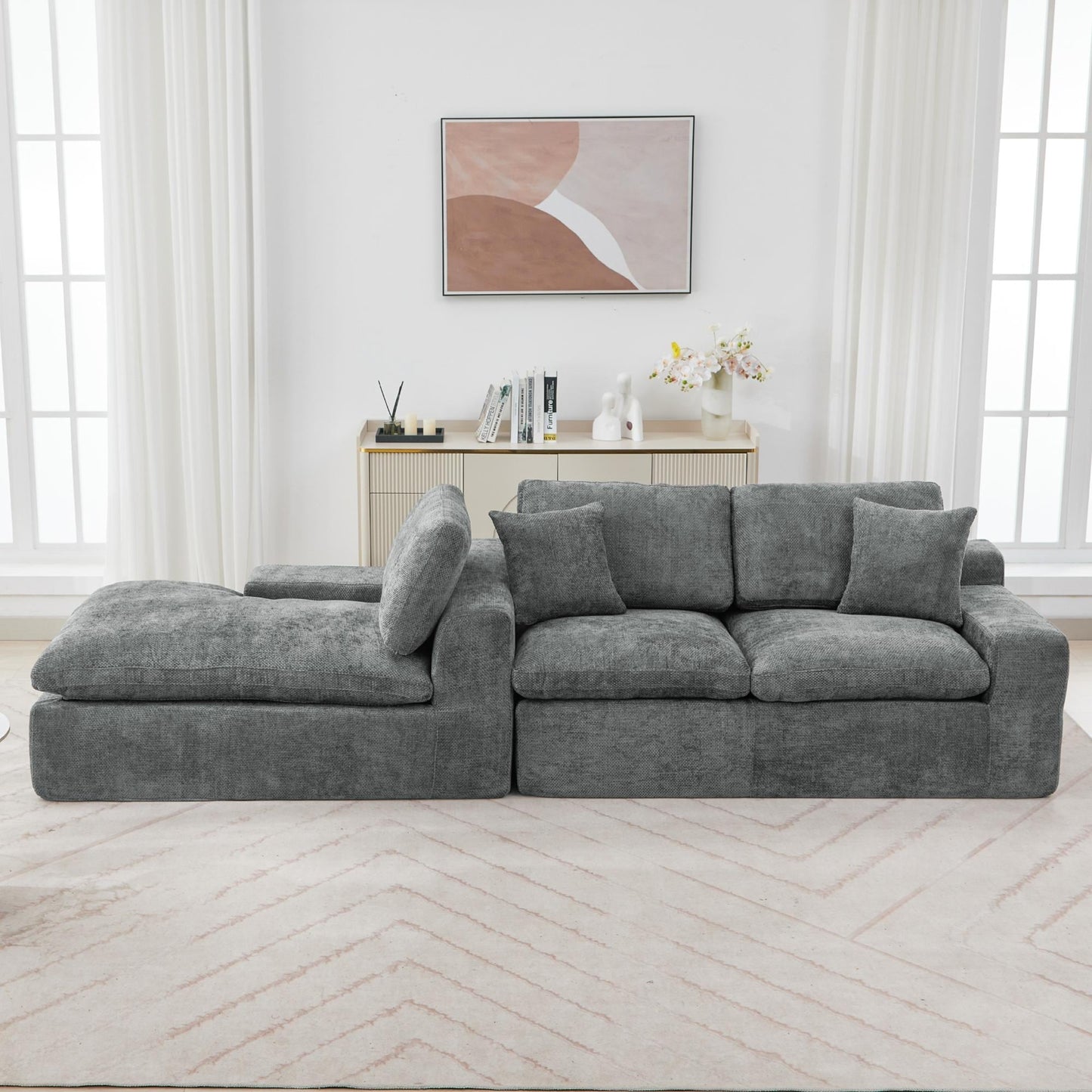 Modular Chenille Cloud Sectional Sofa with Double-Layer Cushions, Side Storage and Matching Pillows for Living Room