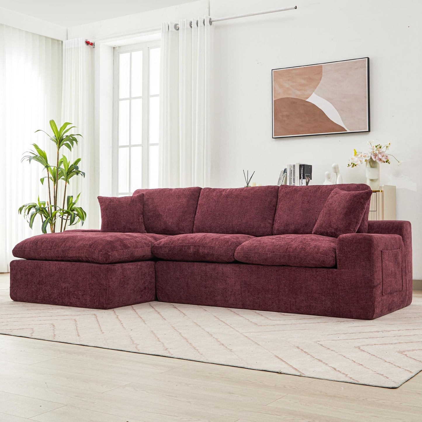 Modular Chenille Cloud Sectional Sofa with Double-Layer Cushions, Side Storage and Matching Pillows for Living Room