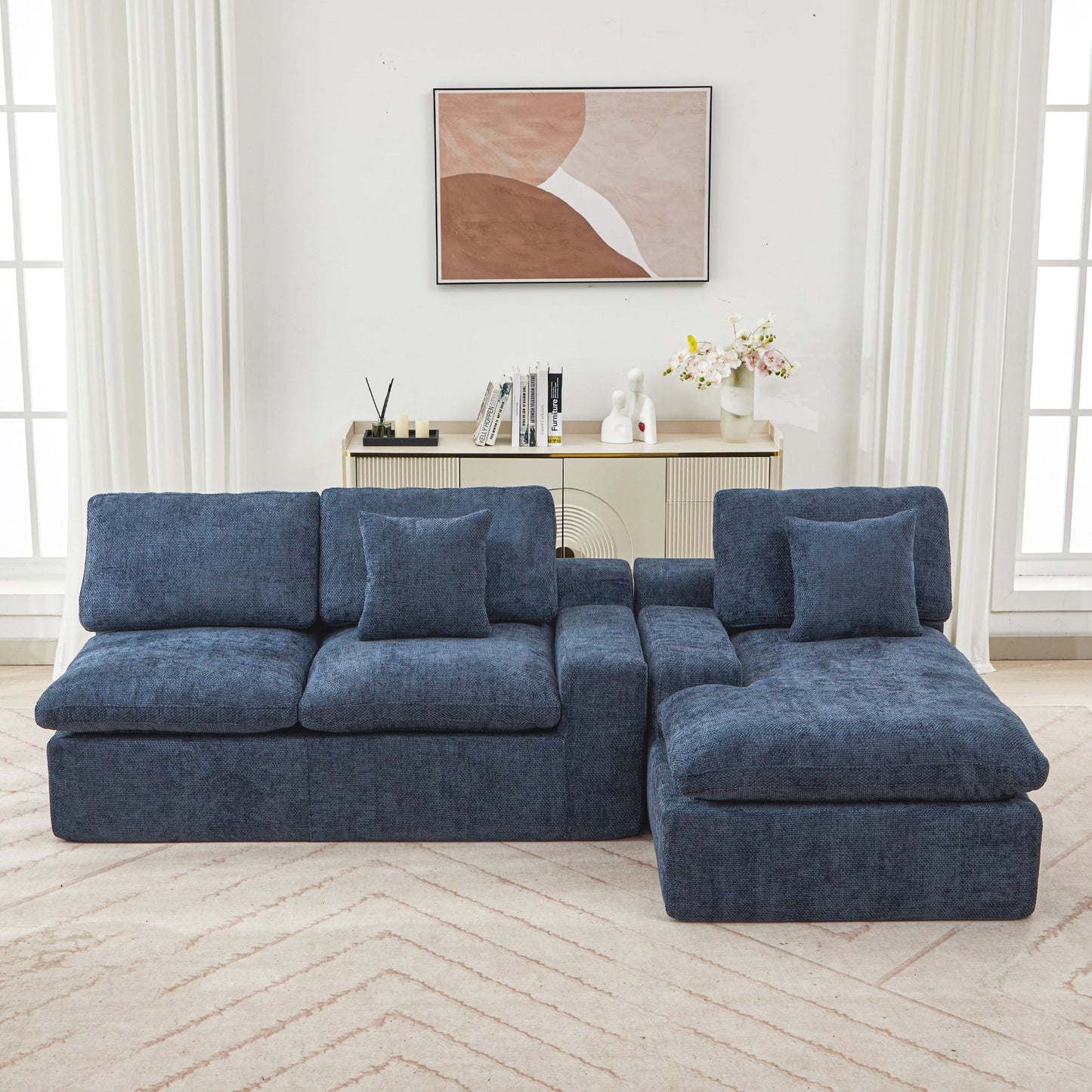 Modular Chenille Cloud Sectional Sofa with Double-Layer Cushions, Side Storage and Matching Pillows for Living Room