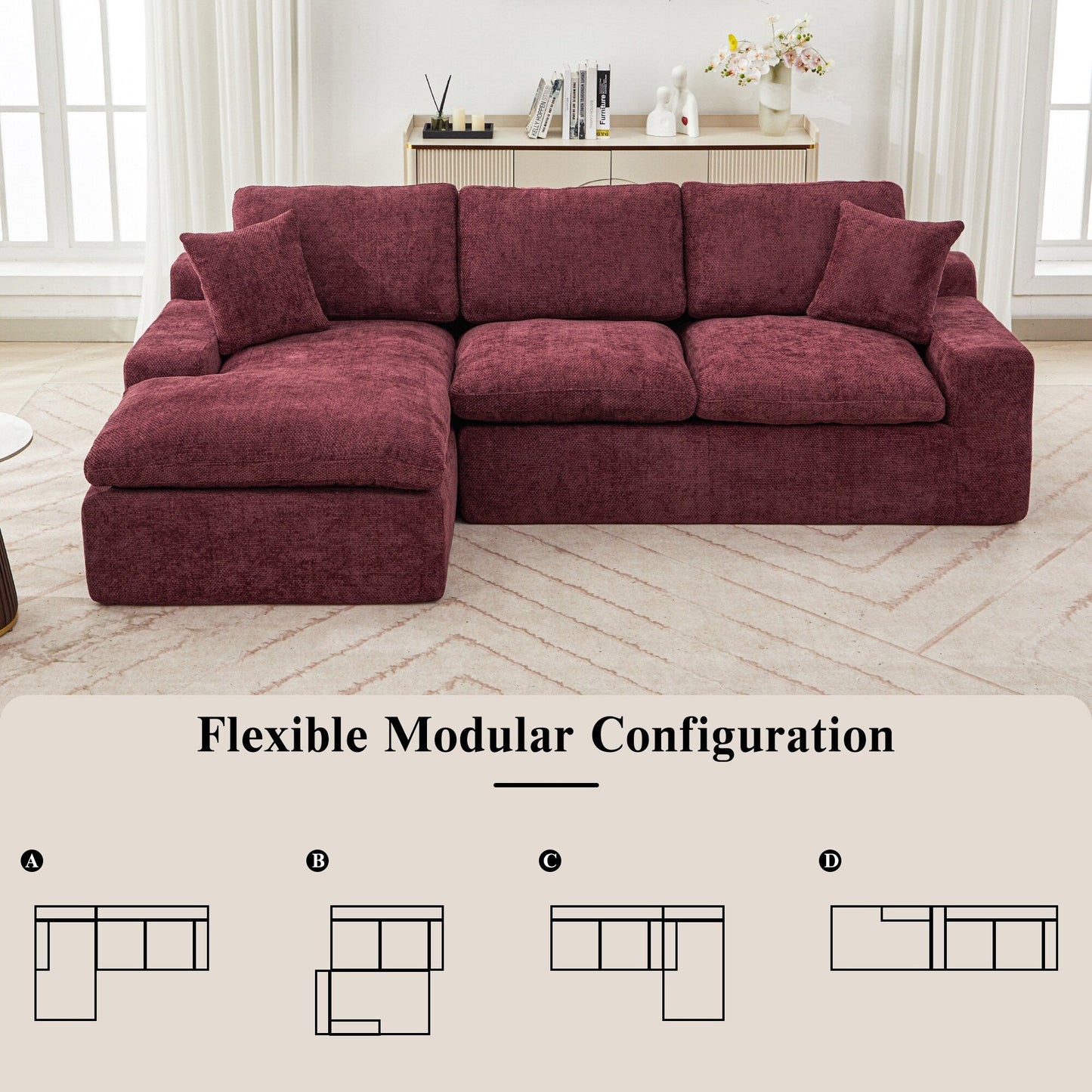 Modular Chenille Cloud Sectional Sofa with Double-Layer Cushions, Side Storage and Matching Pillows for Living Room