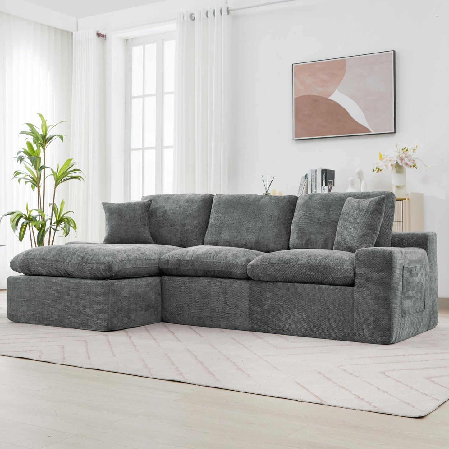 Modular Chenille Cloud Sectional Sofa with Double-Layer Cushions, Side Storage and Matching Pillows for Living Room