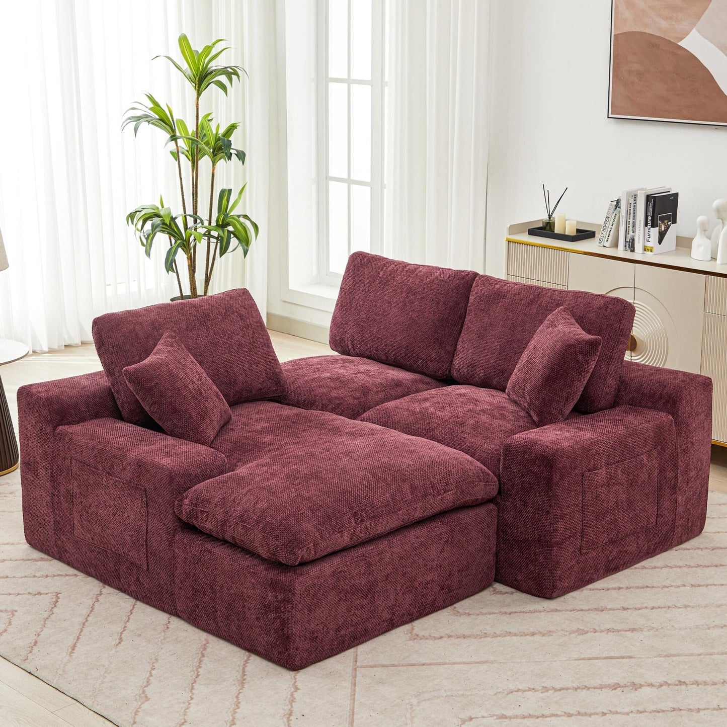 Modular Chenille Cloud Sectional Sofa with Double-Layer Cushions, Side Storage and Matching Pillows for Living Room