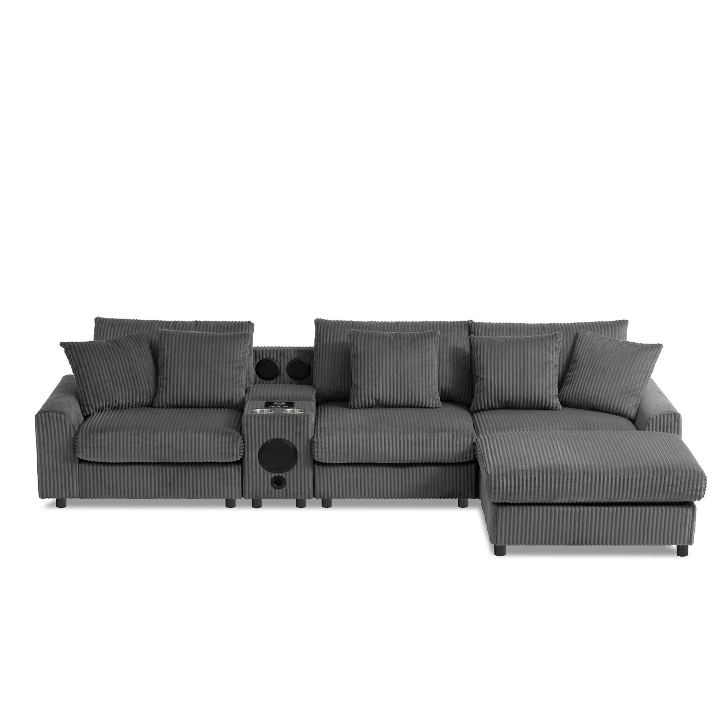 Modular Corduroy Sectional Sofa with Bluetooth Speakers, Charging Ports, Cup Holders, Storage and Ottoman for Living Room