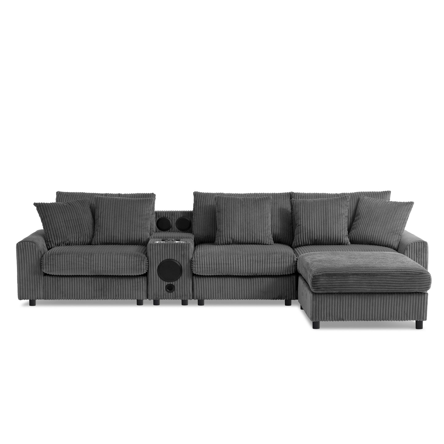 Modular Corduroy Sectional Sofa with Bluetooth Speakers, Charging Ports, Cup Holders, Storage and Ottoman for Living Room