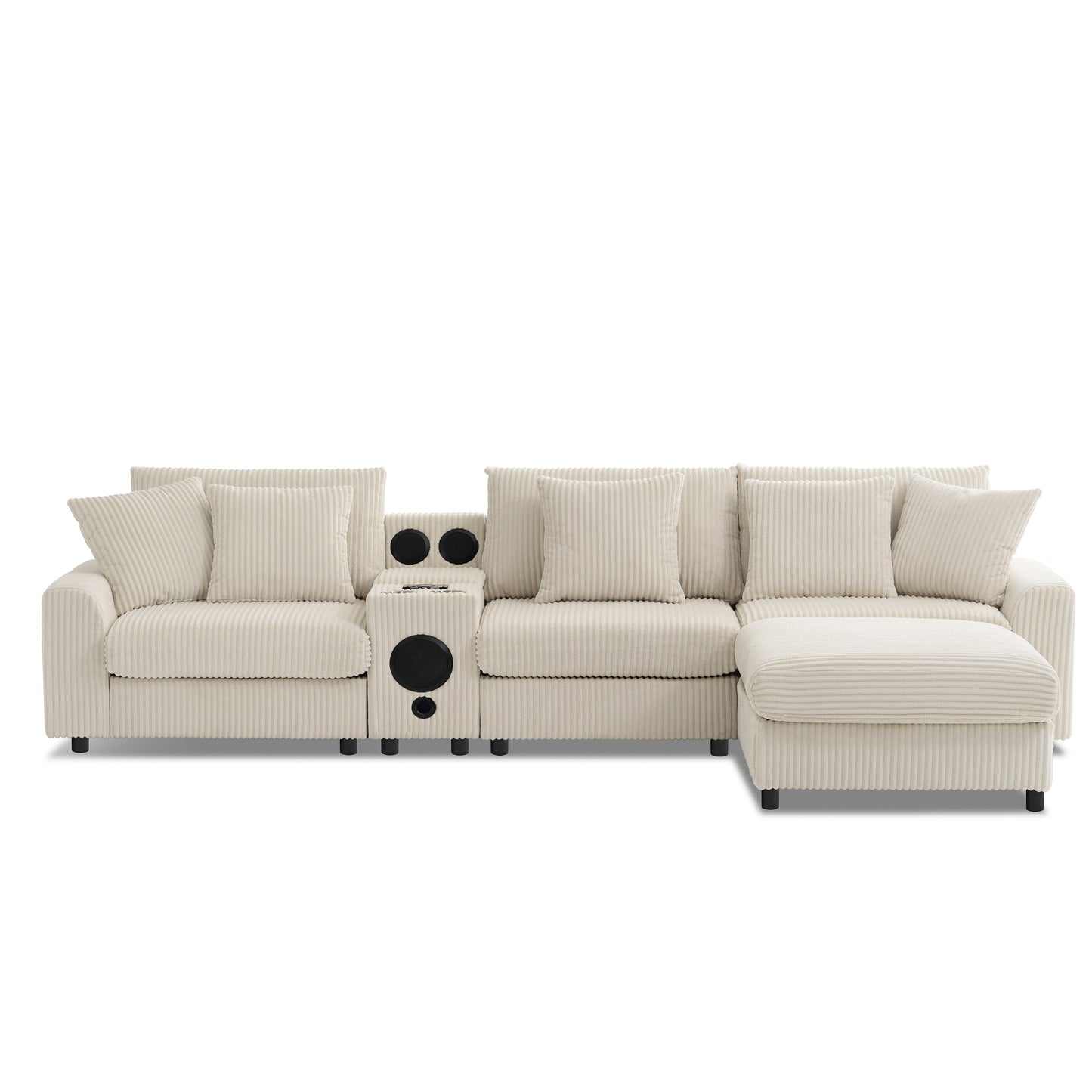 Modular Corduroy Sectional Sofa with Bluetooth Speakers, Charging Ports, Cup Holders, Storage and Ottoman for Living Room