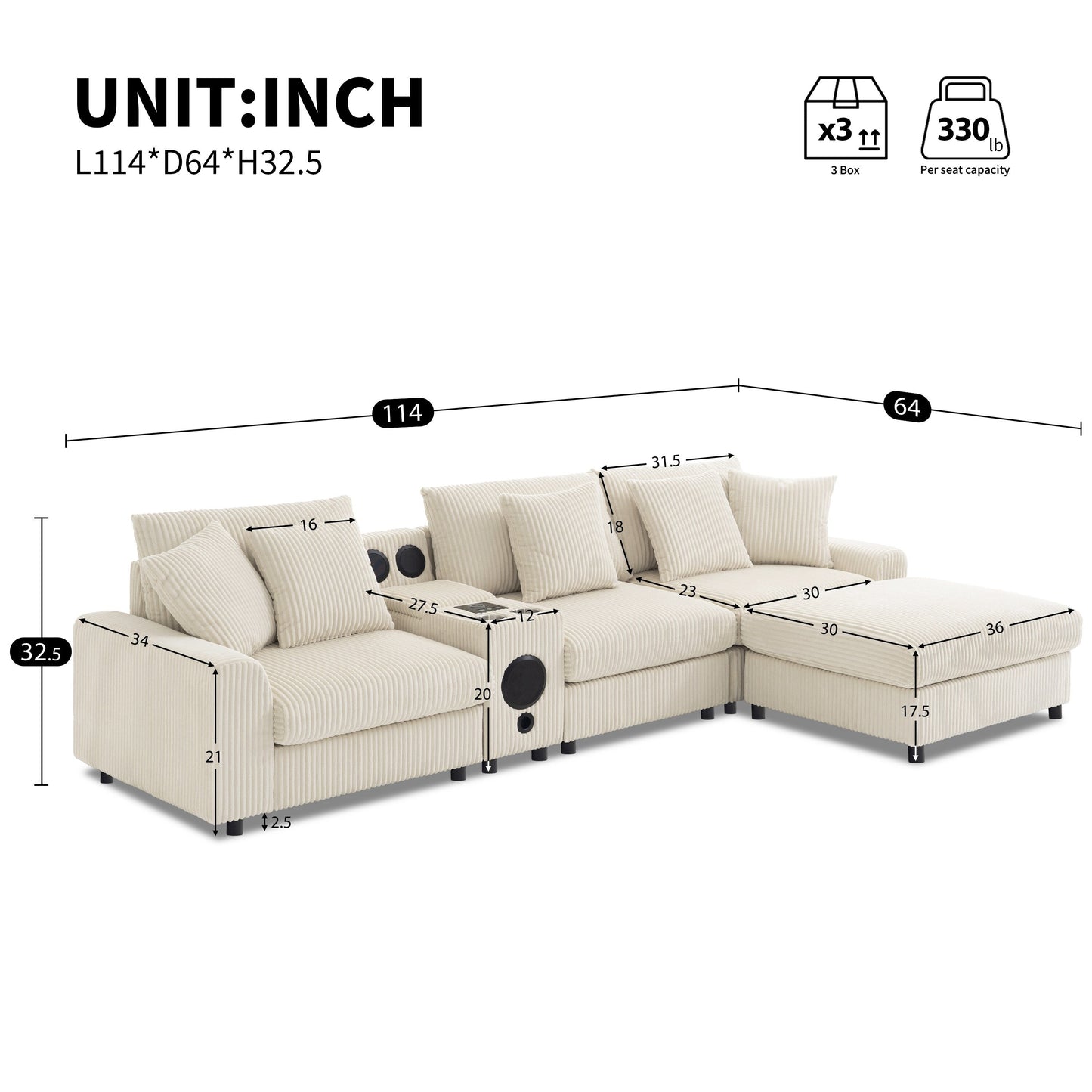 Modular Corduroy Sectional Sofa with Bluetooth Speakers, Charging Ports, Cup Holders, Storage and Ottoman for Living Room