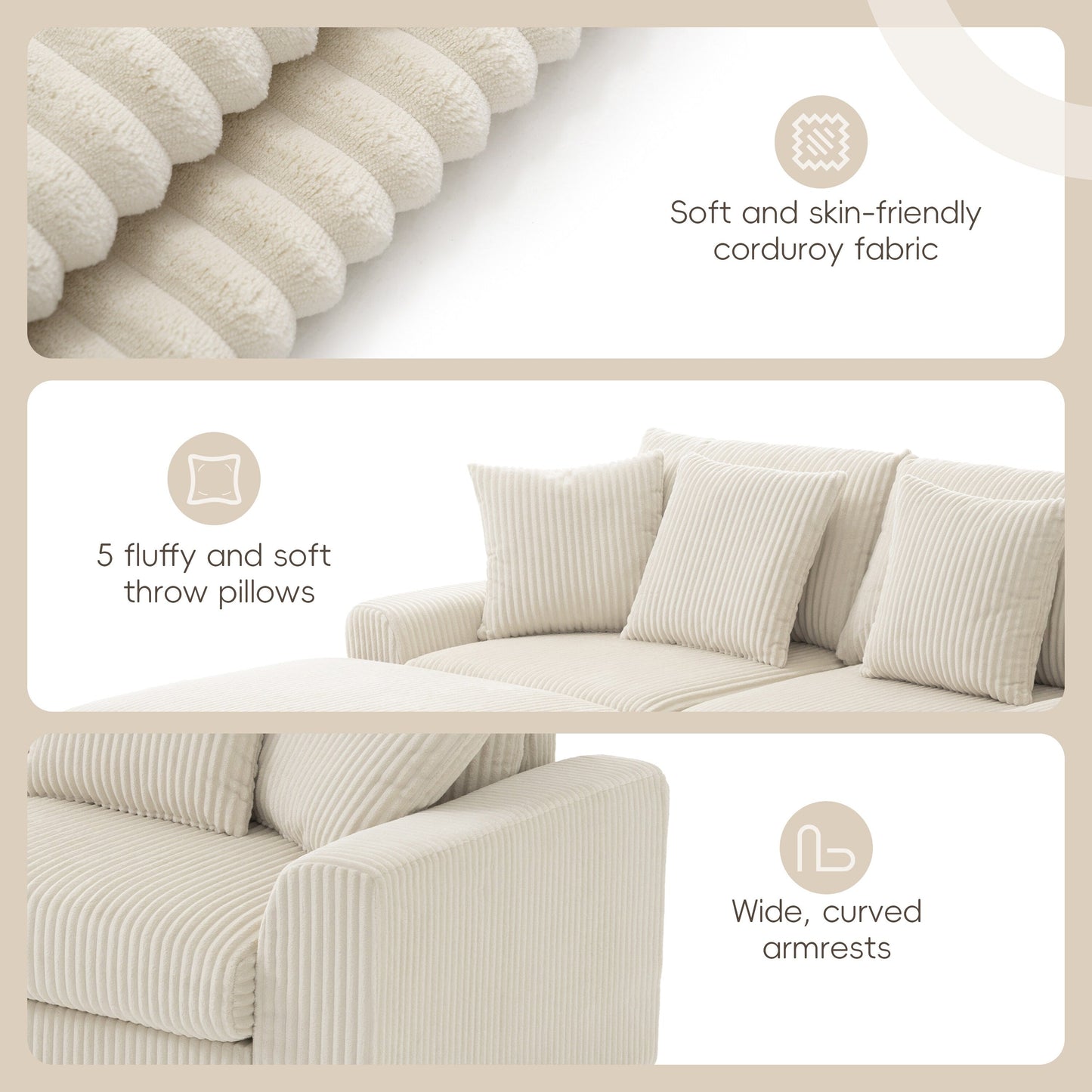 Modular Corduroy Sectional Sofa with Bluetooth Speakers, Charging Ports, Cup Holders, Storage and Ottoman for Living Room