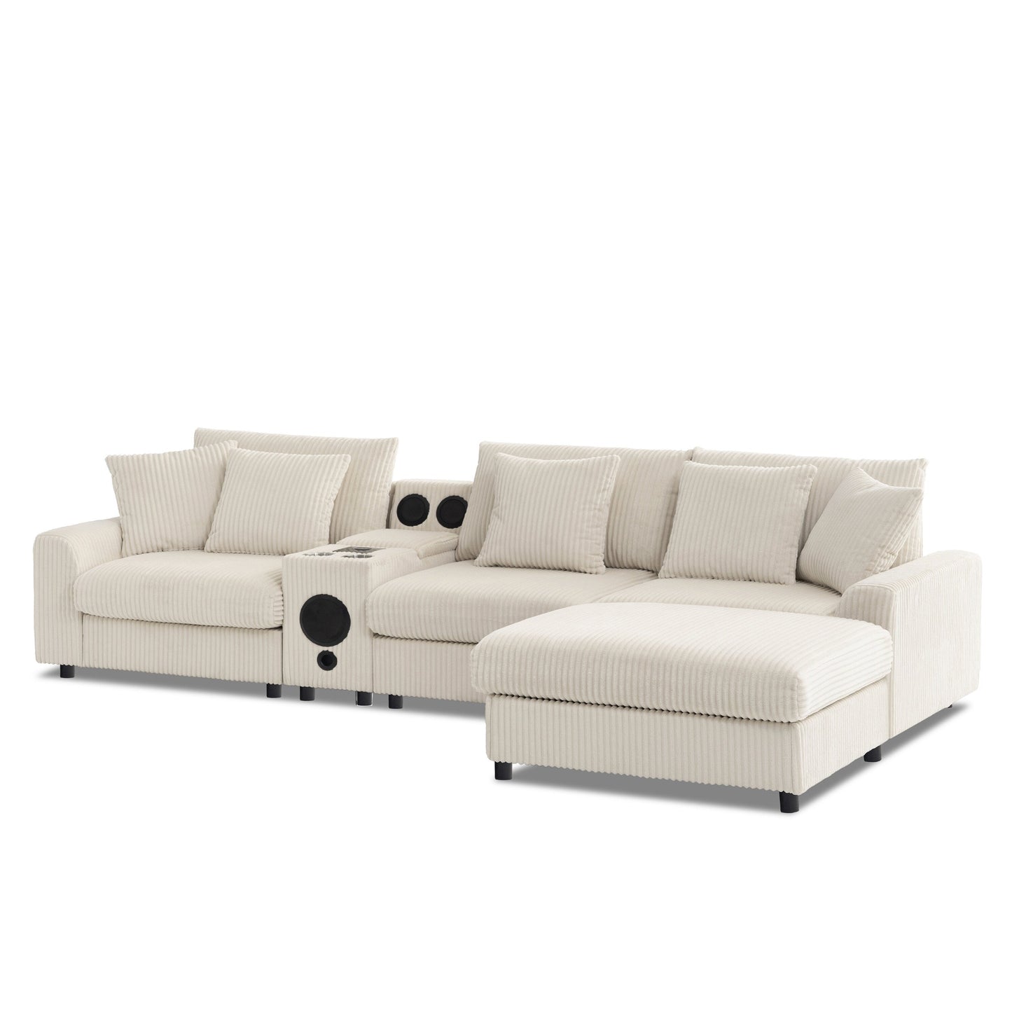 Modular Corduroy Sectional Sofa with Bluetooth Speakers, Charging Ports, Cup Holders, Storage and Ottoman for Living Room