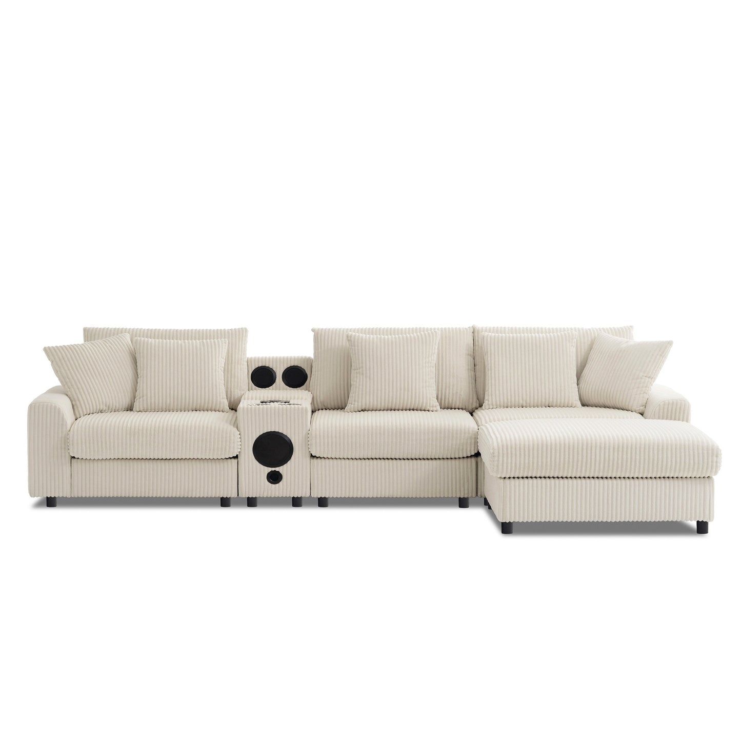 Modular Corduroy Sectional Sofa with Bluetooth Speakers, Charging Ports, Cup Holders, Storage and Ottoman for Living Room